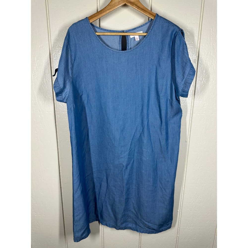 LC Lauren Conrad Dress Women XL Blue Denim Shift Short Sleeve Tie Detail Casual